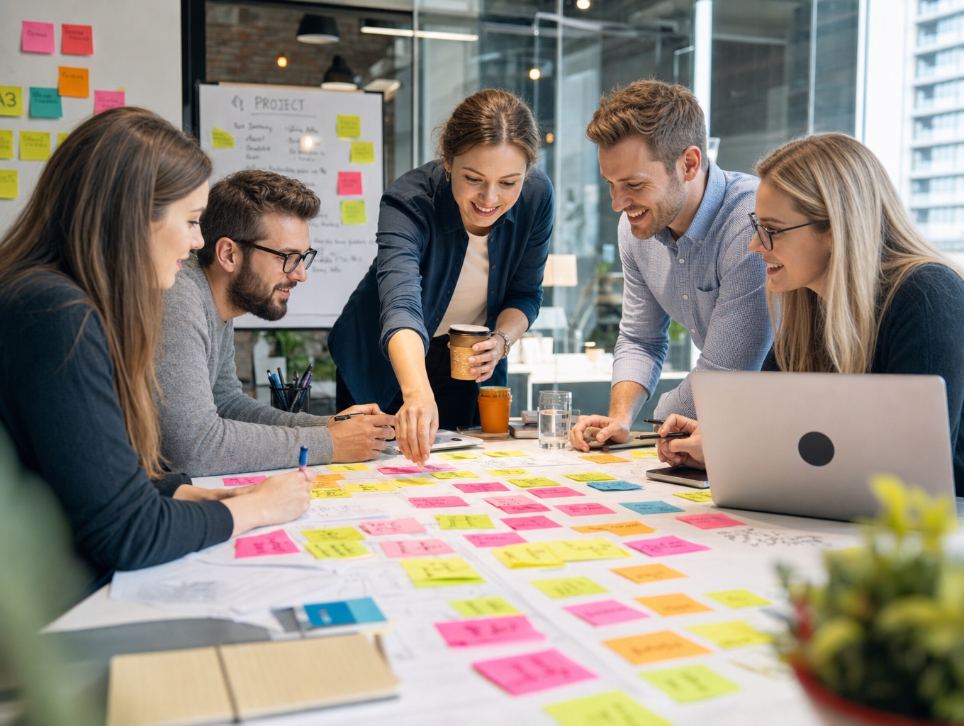 Team werkt samen met post-its op een tafel